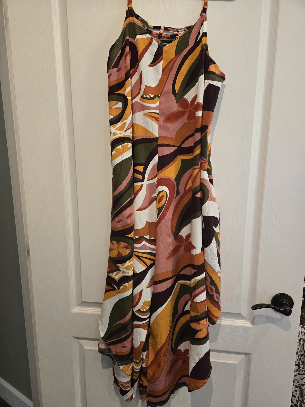 Multicolor Abstract Maxi  Dress with Thin Straps & Flare Split Legs With Cut Out